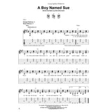 The image shows sheet music for "A Boy Named Sue" by Shel Silverstein, featuring standard notation and guitar tablature with chord diagrams for D, E, and A. It includes lyrics below the melody, tempo marked "Moderately, in 2," capo on 1st fret, and strum and pick patterns. Written in A major, the arrangement spans multiple systems and is designed for intermediate guitarists, combining strumming and fingerpicking techniques.