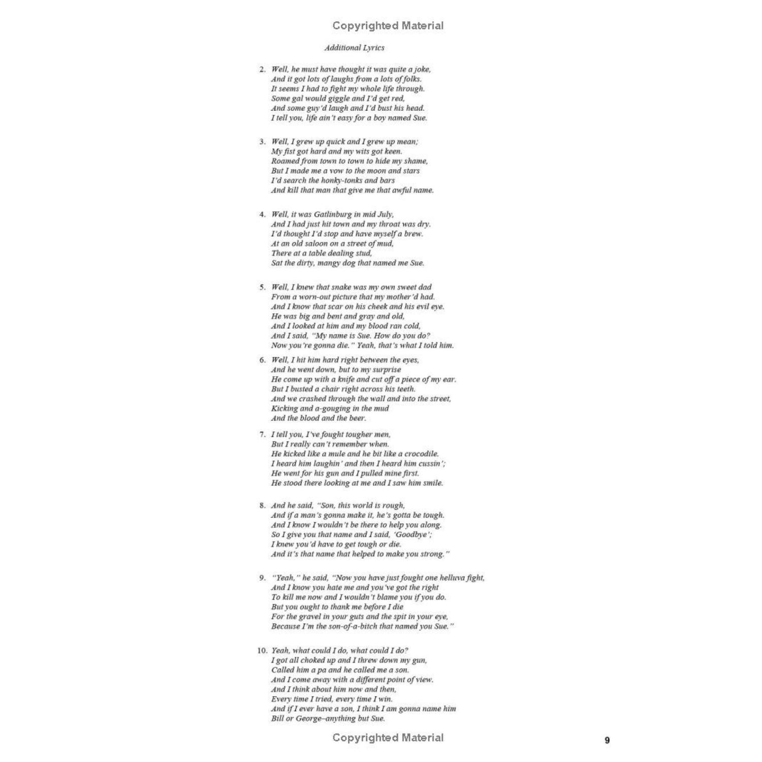 The image shows a page titled "Additional Lyrics" with numbered verses (2-10) from a narrative song about a person named Sue. It appears to be from a professionally published songbook or lyric collection, as indicated by visible copyright watermarks. Such materials are commonly used by musicians and students as learning tools and are sold alongside musical instruments in the music industry.