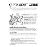 The image shows a Quick Start Guide for "The Chord Wheel," a music theory tool. It features a circular diagram with major and minor chords, a rotating transparent disk, and educational content on key signatures, chord progressions, transposition, Roman numeral analysis, and chord extensions. The guide explains how to analyze progressions and determine keys by ear or using the wheel, serving as a learning accessory for musicians and students.