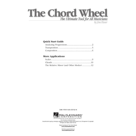 The image shows the cover or contents page of "The Chord Wheel" by Jim Fleser, published by Hal Leonard Corporation. Touted as "The Ultimate Tool for All Musicians," it includes a Quick Start Guide (Analyzing Progressions, Transposition, Composition) and More Applications (Scales, Chords, Relative Minor). This rotating tool helps musicians visualize chord progressions, scales, and key relationships for learning harmony and composition.