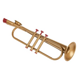 Gold trumpet kazoo with red mouthpiece on a white background