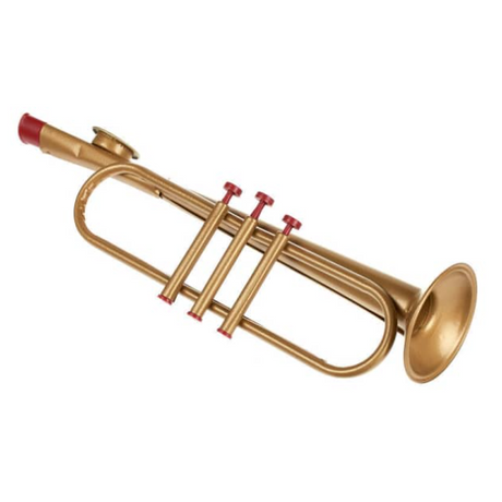 Gold trumpet kazoo with red mouthpiece on a white background
