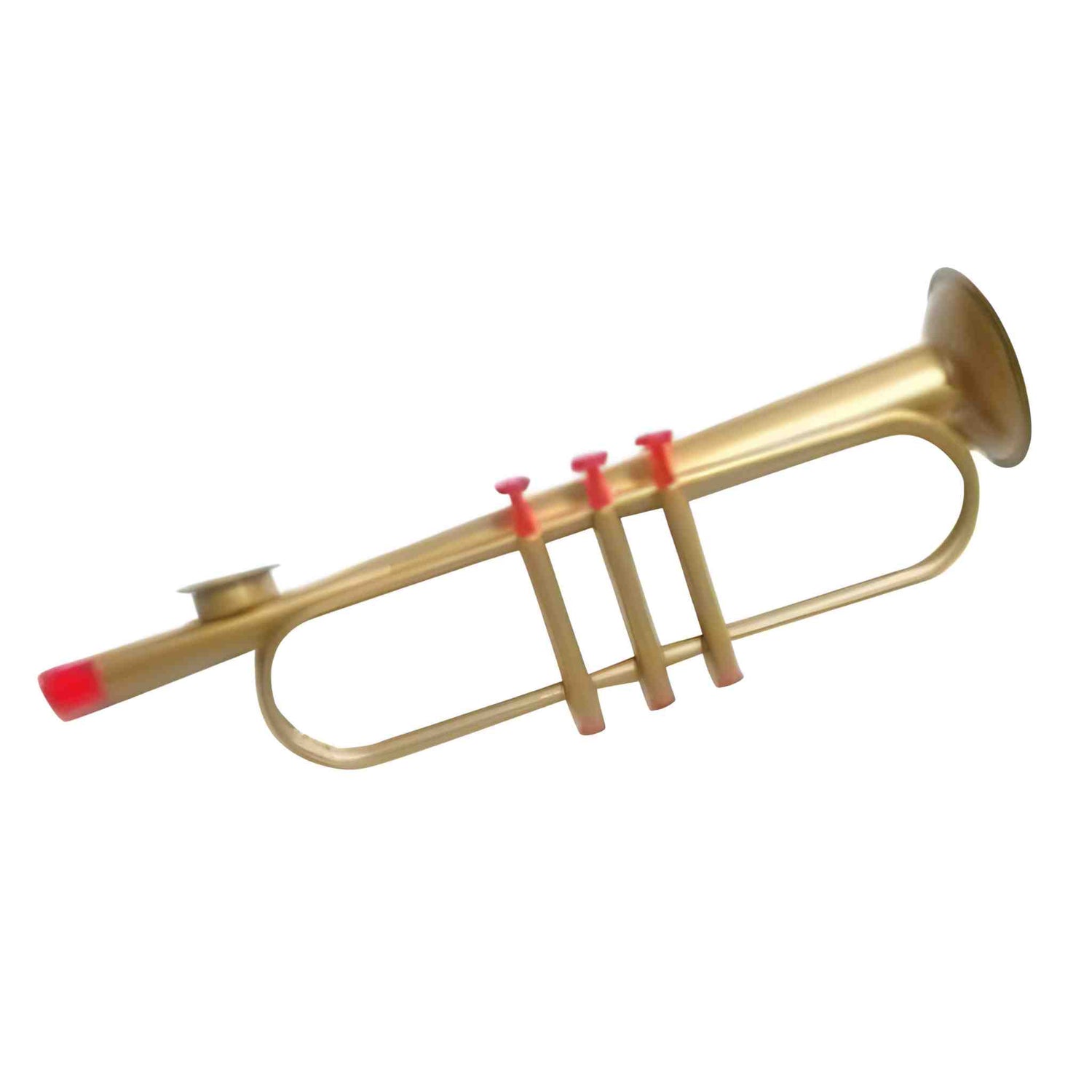 Gold trumpet kazoo with red mouthpiece on a white background