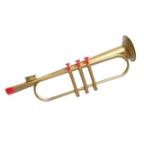 Gold trumpet kazoo with red mouthpiece on a white background