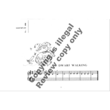 The image shows a sheet music page titled "DWARF WALKING" featuring a treble clef staff with notes, a 4/4 time signature ("C" symbol), and a dotted half note tempo marking. It includes a whimsical dwarf or gnome illustration and a diagonal "Renew copy only" copyright watermark. The simple melody and playful art suggest it’s from a music book for beginners or educational use.