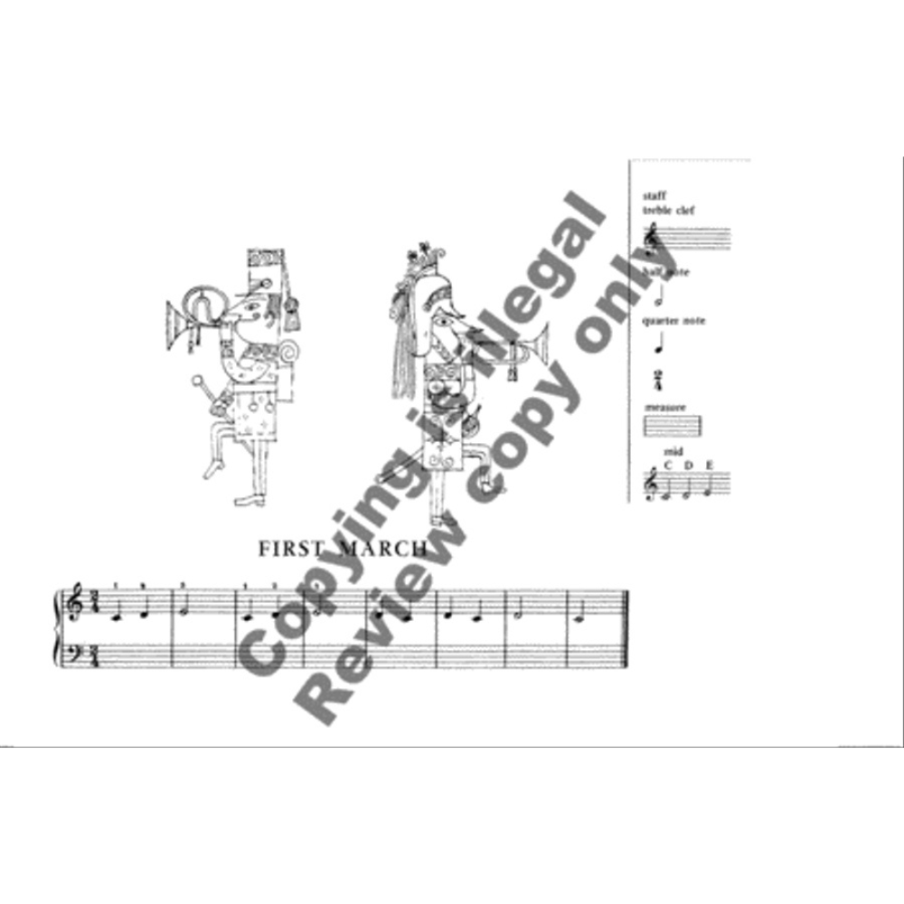 The image shows a page of sheet music titled "FIRST MARCH," featuring a march in 4/4 time on a grand staff with treble and bass clefs. It includes instructional elements like note identification exercises and basic music concepts, alongside whimsical cartoon characters. A diagonal "Copyright" watermark is visible. This appears to be from a beginner’s piano method book combining music notation with teaching aids.