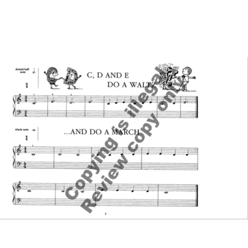 The image shows a page of piano sheet music featuring grand staff notation with treble and bass clefs. The title reads "C, D AND E DO A WALTZ" and "...AND DO A MARCH," indicating an educational piece teaching notes C, D, and E. It includes musical notes, 3/4 time signature, whimsical cartoon note characters, and a "Preview Copy" watermark.