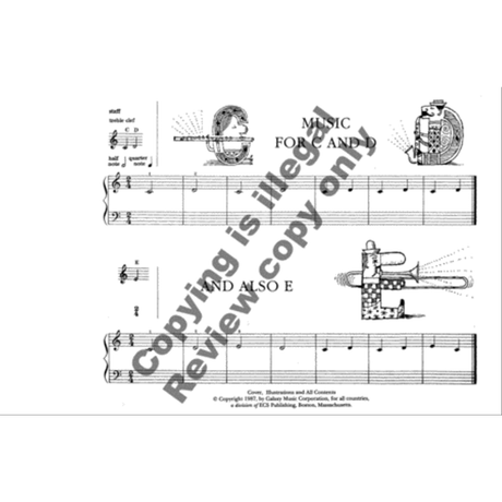 The image shows a page of educational piano sheet music featuring treble and bass clefs, musical notes in measures, time and key signatures, and instructional text with note names like "C D." It includes small teaching diagrams, the title "MUSIC FOR PIANO," and references to note identification. The page layout and copyright from 1987 suggest it’s from a beginner or intermediate piano method book.