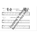 The image shows a page of children’s sheet music featuring two beginner pieces titled "C, D AND E DO A WALTZ" and "...AND DO A MARCH." It includes standard notation on treble and bass clefs, clear time signatures, and large note values. Whimsical cartoon notes illustrate the music, emphasizing a fun, educational approach for early piano instruction and music learning in the educational music publishing sector.