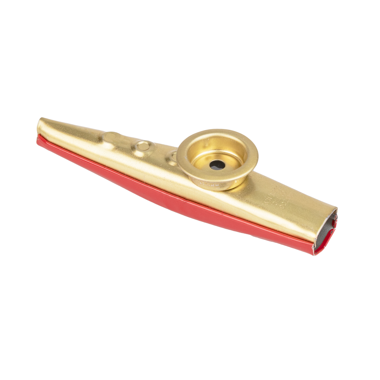 Gold metal kazoo with a red bottom