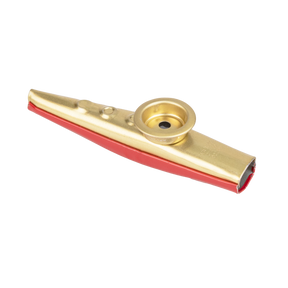Gold metal kazoo with a red bottom