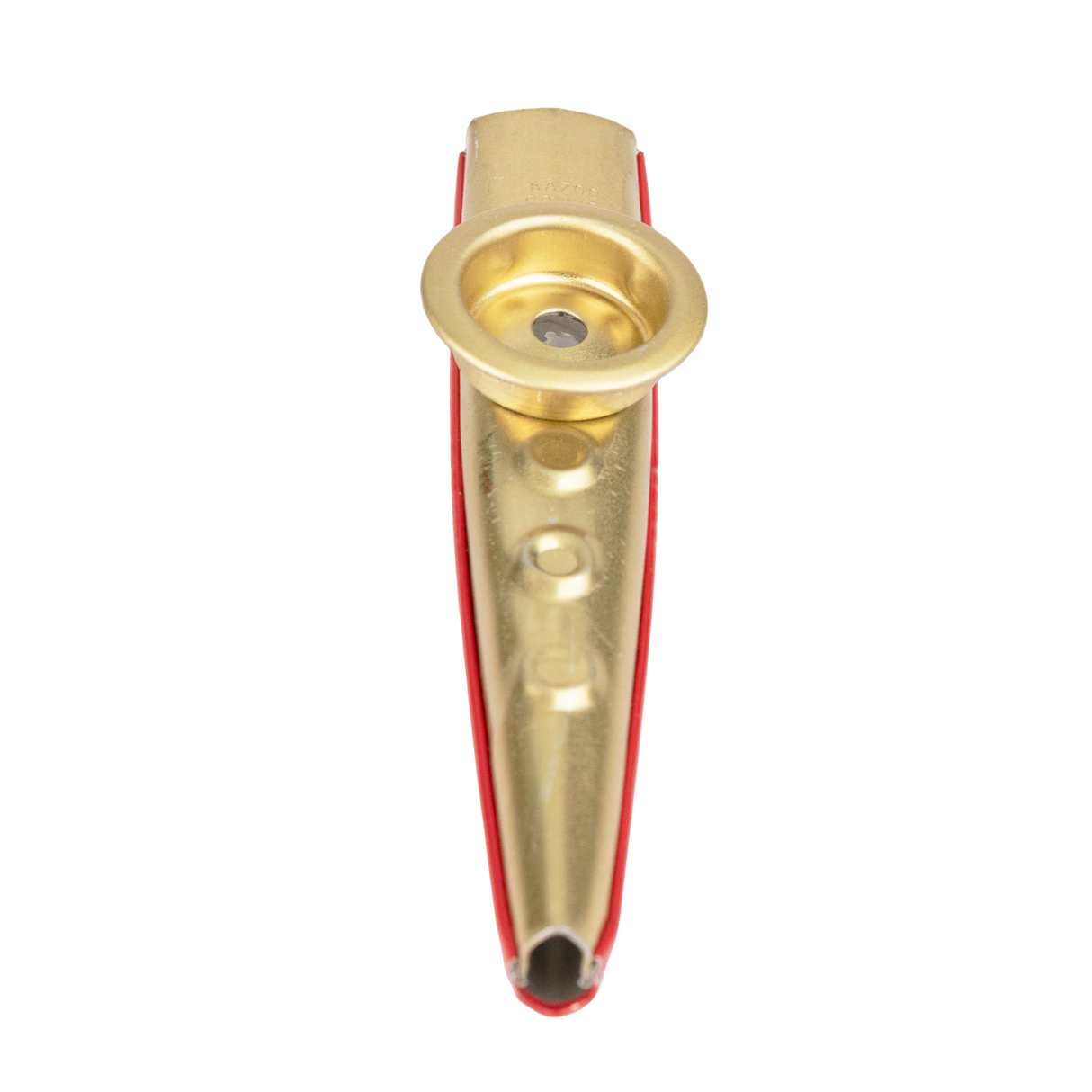 Gold metal kazoo with a red bottom on a white background