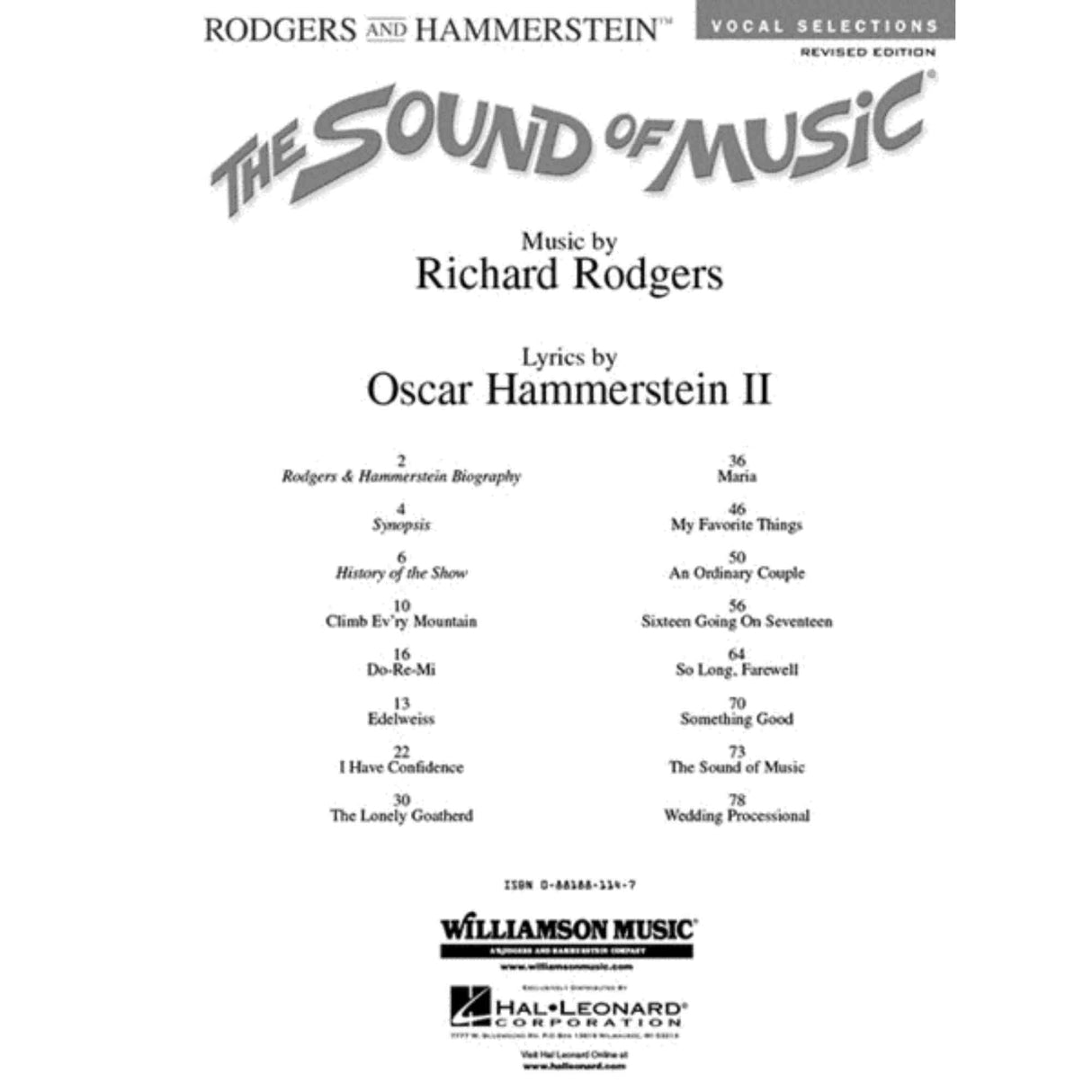 The image shows the cover of a revised edition vocal selections book for "The Sound of Music" by Rodgers and Hammerstein. It features the table of contents listing popular songs like "Do-Re-Mi," "My Favorite Things," and "Climb Ev'ry Mountain," along with a synopsis, show history, and composer biographies. Published by Williamson Music and distributed by Hal Leonard, it is an official licensed sheet music book.