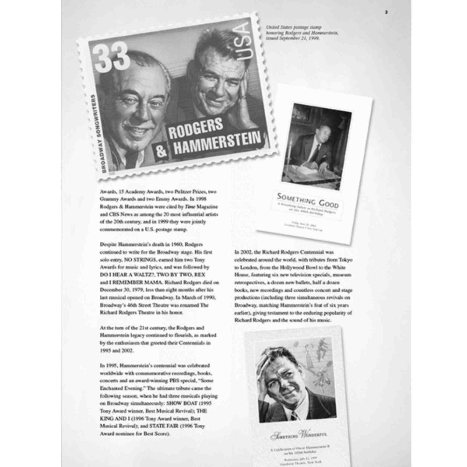 The image shows a 33-cent U.S. postage stamp issued in 1999 featuring black-and-white portraits of Broadway composers Richard Rodgers and Oscar Hammerstein II. Surrounding items include biographical materials and a booklet titled "Something Good," highlighting their influential musicals like *Oklahoma!* and *The Sound of Music* and their legacy in American theater and music history.