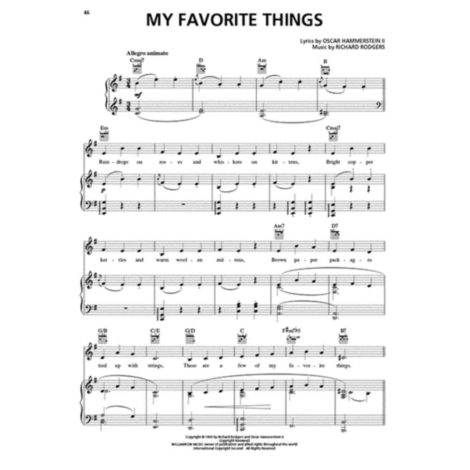 The image shows sheet music for "My Favorite Things" from *The Sound of Music*. It features piano/vocal arrangement with treble and bass clefs, guitar chord diagrams (e.g., Cmaj7, Am7), lyrics including "Raindrops on roses," a 3/4 time signature, key of D major, and "Allegro animato" tempo. Credits list lyrics by Oscar Hammerstein II and music by Richard Rodgers. The layout is professional with multiple systems and chord symbols above the staff.