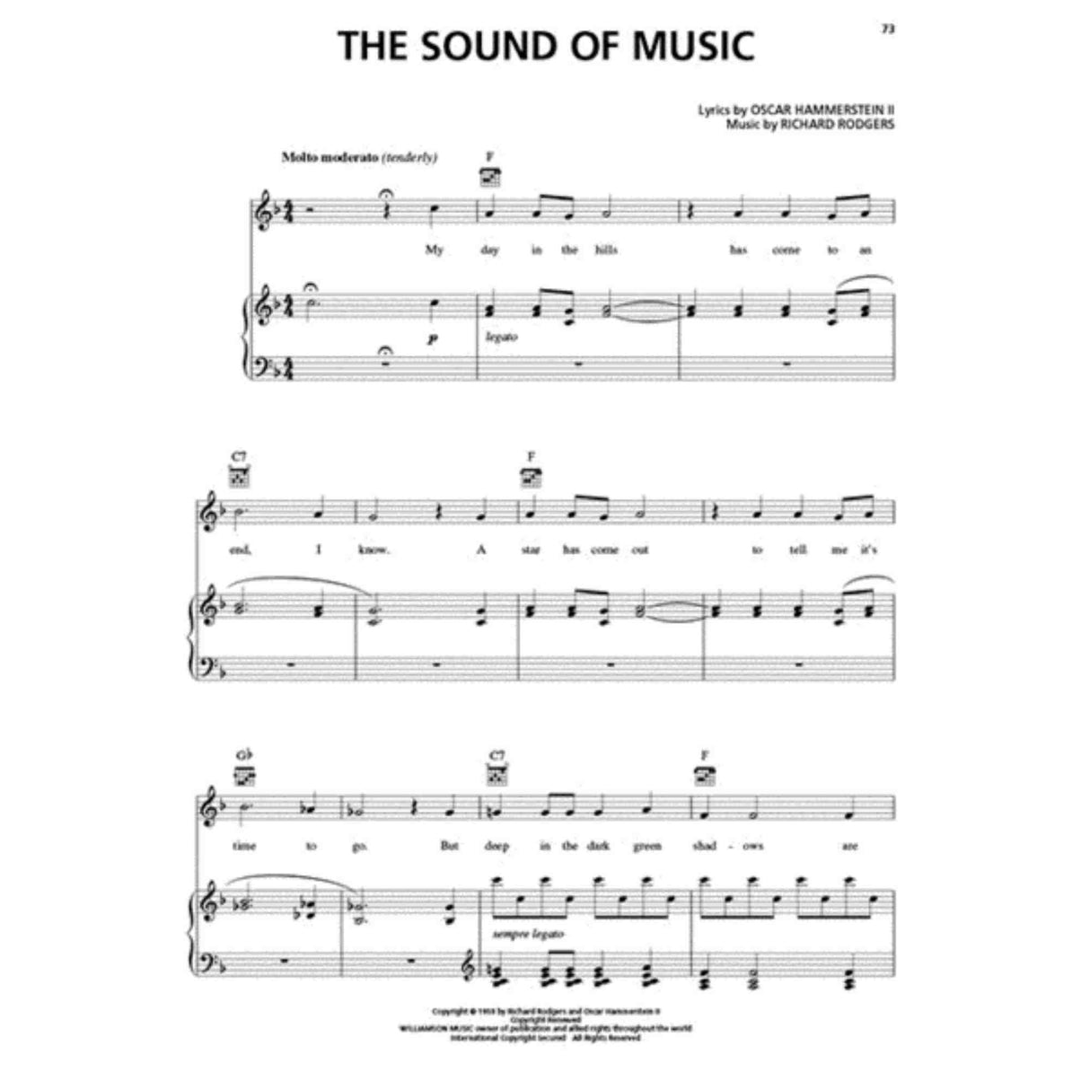 The image shows sheet music for "The Sound of Music," featuring a piano/vocal arrangement with treble and bass clefs, guitar chords, and lyrics beneath the melody line. It is in 4/4 time, key of F major, marked "Molto moderato (tenderly)" with legato instructions. The score displays the opening verses and accompaniment from the iconic Rodgers and Hammerstein song used by pianists, vocalists, and guitarists.