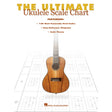 The image shows "The Ultimate Ukulele Scale Chart," a Hal Leonard music theory reference for ukulele players. The cover highlights 120 common scales, easy-reference diagrams, and scale theory. It features a natural wood-finished ukulele over faded musical notation and scale diagrams. This educational resource helps players expand beyond basic chords to learn scales essential for improvisation and melody creation.