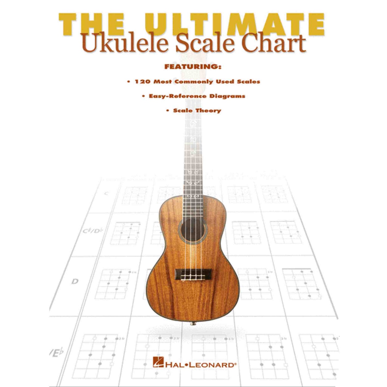 The image shows "The Ultimate Ukulele Scale Chart," a Hal Leonard music theory reference for ukulele players. The cover highlights 120 common scales, easy-reference diagrams, and scale theory. It features a natural wood-finished ukulele over faded musical notation and scale diagrams. This educational resource helps players expand beyond basic chords to learn scales essential for improvisation and melody creation.