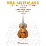 The image shows "The Ultimate Ukulele Scale Chart," a Hal Leonard music theory reference for ukulele players. The cover highlights 120 common scales, easy-reference diagrams, and scale theory. It features a natural wood-finished ukulele over faded musical notation and scale diagrams. This educational resource helps players expand beyond basic chords to learn scales essential for improvisation and melody creation.