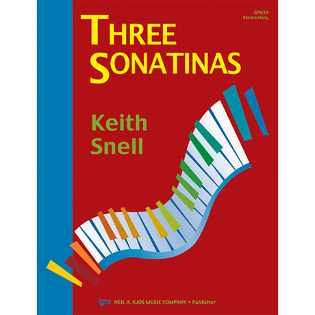 The image shows the cover of a music book titled "Three Sonatinas" by Keith Snell, published by Neil A. Kjos Music Company. It features a red background with yellow text and a colorful, wavy piano keyboard illustration in black, white, and various bright colors. Marked "GP654 Elementary," it is an elementary-level piano book designed for beginning players to learn simplified classical sonatinas.