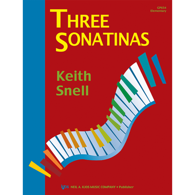 The image shows the cover of a music book titled "Three Sonatinas" by Keith Snell, published by Neil A. Kjos Music Company. It features a red background with yellow text and a colorful, wavy piano keyboard illustration in black, white, and various bright colors. Marked "GP654 Elementary," it is an elementary-level piano book designed for beginning players to learn simplified classical sonatinas.