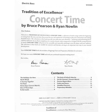 Table of contents for the Electric Bass version of 'Concert Time' by Bruce Pearson & Ryan Nowlin with text and signature