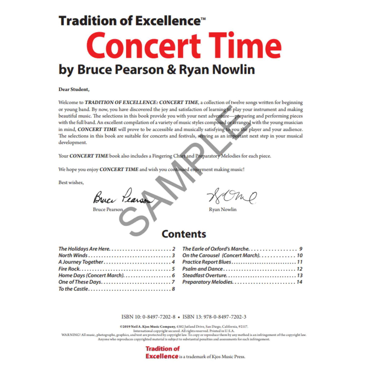 Table of contents for the Oboe edition of 'Concert Time' by Bruce Pearson & Ryan Nowlin with text and signatures.