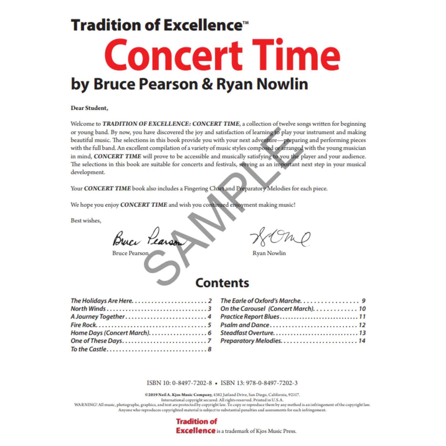 Table of contents for the Oboe edition of 'Concert Time' by Bruce Pearson & Ryan Nowlin with text and signatures.