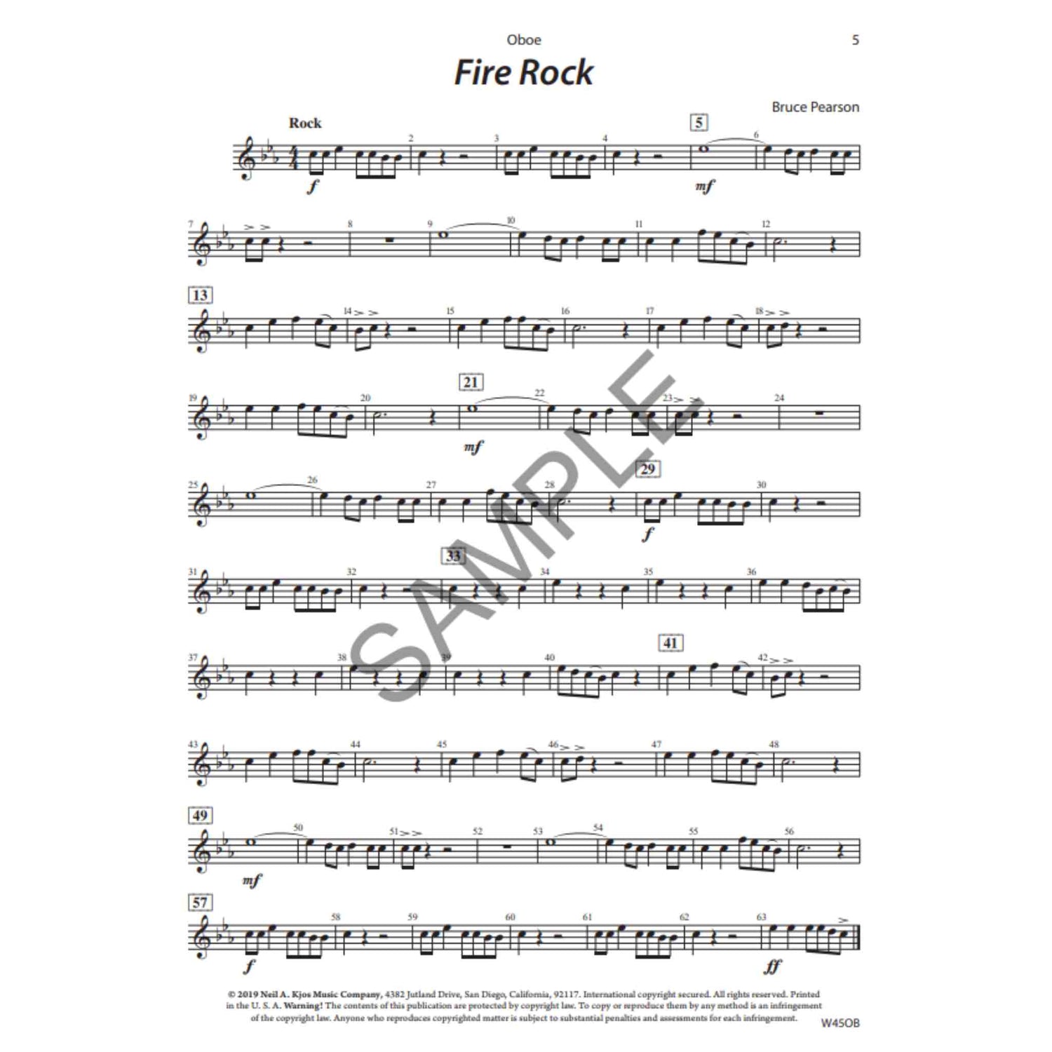 Sheet music for oboe for the song 'Fire Rock' by Bruce Pearson on a white background
