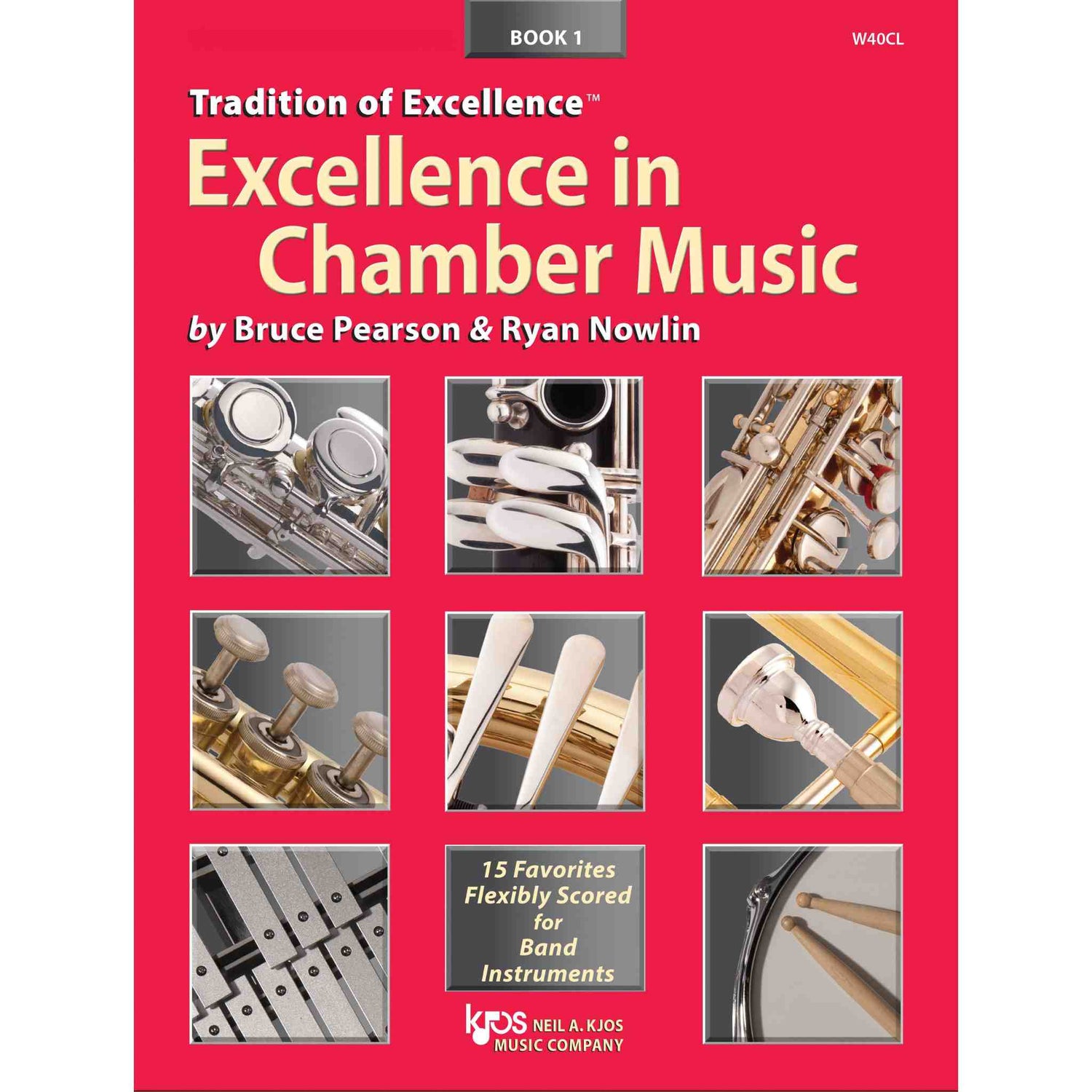 Book cover of 'Excellence in Chamber Music' for Oboe by Bruce Pearson & Ryan Nowlin with musical instrument images on a red background.