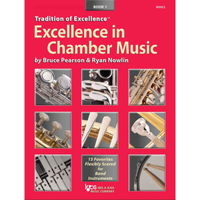 Book cover of 'Excellence in Chamber Music' for Oboe by Bruce Pearson & Ryan Nowlin with musical instrument images on a red background.