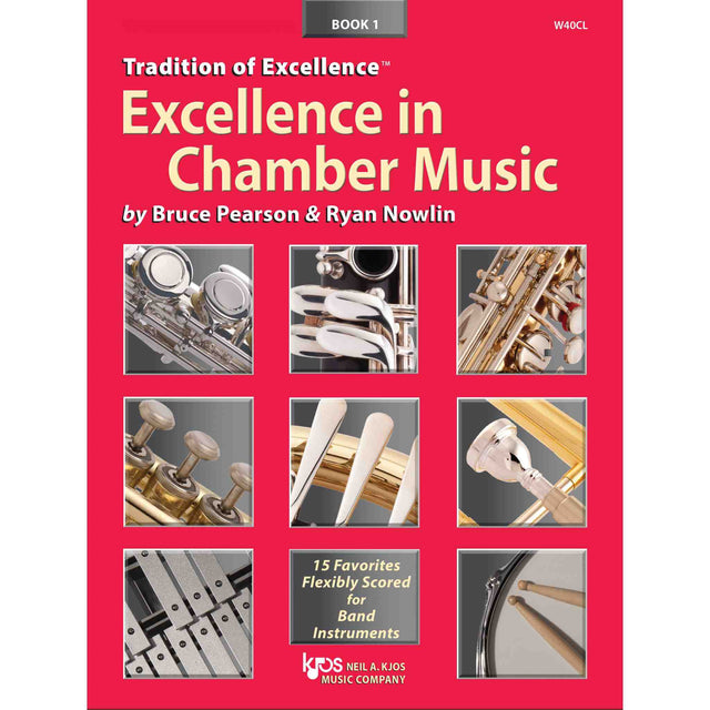 Book cover of 'Excellence in Chamber Music' for Oboe by Bruce Pearson & Ryan Nowlin with musical instrument images on a red background.