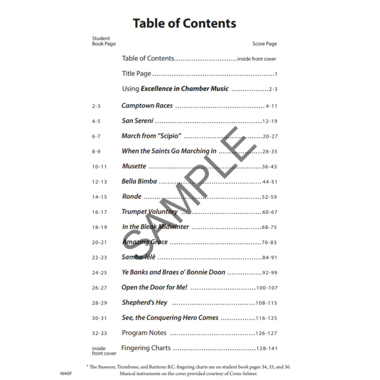 Table of Contents for a music book for oboe, "Excellence In Chamber Music Book 1," with chapter titles and page numbers.