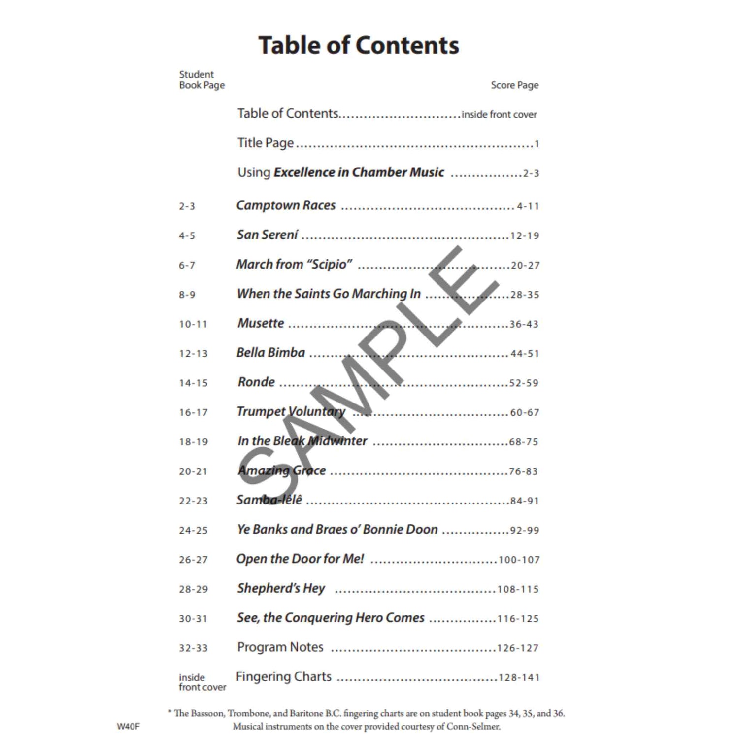 Table of Contents for a music book for oboe, "Excellence In Chamber Music Book 1," with chapter titles and page numbers.