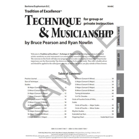 Book cover of 'Tradition of Excellence Technique & Musicianship' for Baritone and Euphonium B.C by Bruce Pearson and Ryan Nowlin, featuring a table of contents on a white background.