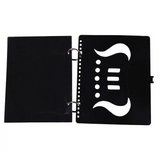 The image shows a black three-ring music binder with a decorative cutout on the cover featuring musical symbols like a treble clef and notes. Made of durable material, it is designed to organize standard-sized sheet music. Commonly used by musicians, students, band, orchestra, and choir members, it helps keep music sheets protected, organized, and accessible during practice and performances.