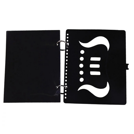 The image shows a black three-ring music binder with a decorative cutout on the cover featuring musical symbols like a treble clef and notes. Made of durable material, it is designed to organize standard-sized sheet music. Commonly used by musicians, students, band, orchestra, and choir members, it helps keep music sheets protected, organized, and accessible during practice and performances.