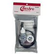 The image shows a Chesbro Music Co. trumpet care kit containing essential items for maintenance: a bottle of valve oil with blue liquid, black cleaning brushes or snakes, a small white container of slide grease or lubricant, and instructional materials. Packaged in a clear plastic bag with branding, this kit helps trumpet players keep their instrument clean, lubricated, and in good working condition.
