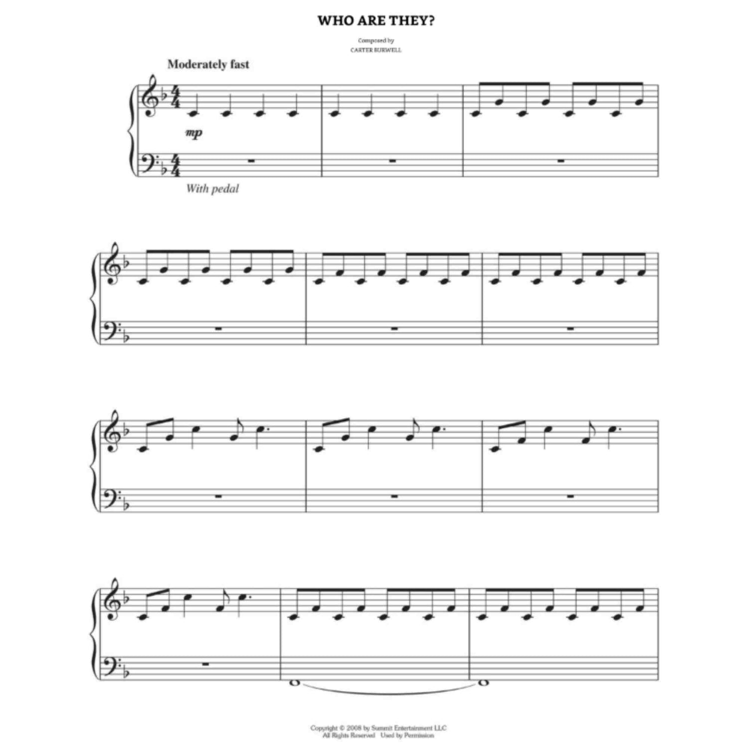 The image shows a piece of piano sheet music titled "WHO ARE THEY?" by Carter Burwell. It includes a 2/4 time signature, a "Moderately fast" tempo, "mp" dynamic, and a "With pedal" instruction. The key appears to be B♭ major. The music has four systems with the melody in the treble clef and sparse bass notes. The notation is professionally typeset and likely from a film score.
