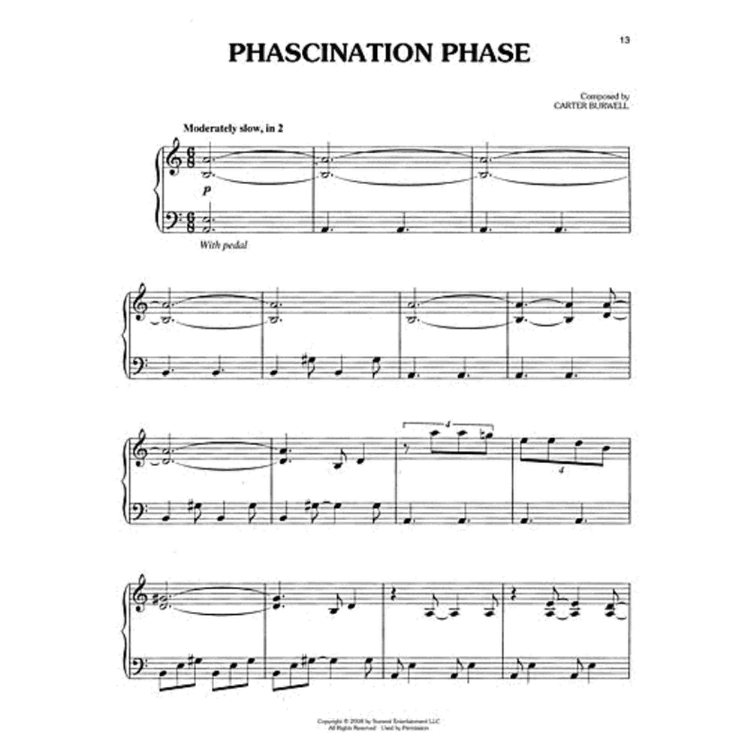 The image shows page 13 of a piano score titled "PHASCINATION PHASE" by Carter Burwell. It features a tempo marking "Moderately slow, in 2," treble and bass clefs, various note values, dynamic marking "p," pedal instruction, slurs, sharp accidentals, and articulation symbols. A 2008 copyright notice appears at the bottom. The score is professionally typeset, reflecting Burwell’s contemporary classical or film music style.