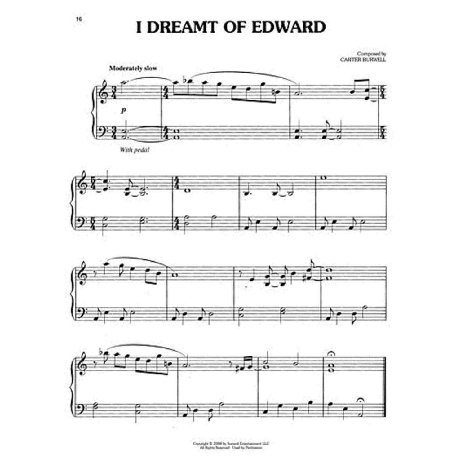 The image shows a page of sheet music for piano titled "I Dreamt of Edward" by Carter Burwell (page 16). It features a grand staff with changing time signatures (3/4, 4/4, 5/4), tempo marking "Moderately slow," dynamic "p," and "With pedal" instruction. Phrases include slurs and a fermata near the end. The bottom notes copyright by Summit Entertainment LLC. The piece suggests a lyrical, film score style.