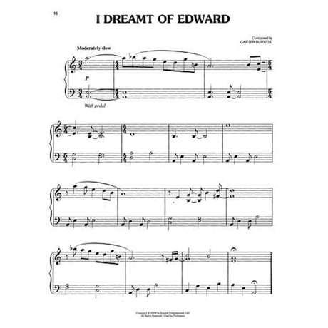 The image shows a page of sheet music for piano titled "I Dreamt of Edward" by Carter Burwell (page 16). It features a grand staff with changing time signatures (3/4, 4/4, 5/4), tempo marking "Moderately slow," dynamic "p," and "With pedal" instruction. Phrases include slurs and a fermata near the end. The bottom notes copyright by Summit Entertainment LLC. The piece suggests a lyrical, film score style.