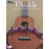 The image shows a ukulele songbook cover featuring a wooden ukulele with a dark fretboard and a purple flower lei around the sound hole, evoking a Hawaiian style. The book is titled "Ukulele: The Most Requested Songs," published by Strum & Sing (logo top left). A "UKULELE" label is at the top right, with a publisher's logo at the bottom left. The cover highlights popular songs for ukulele players with a tropical design.