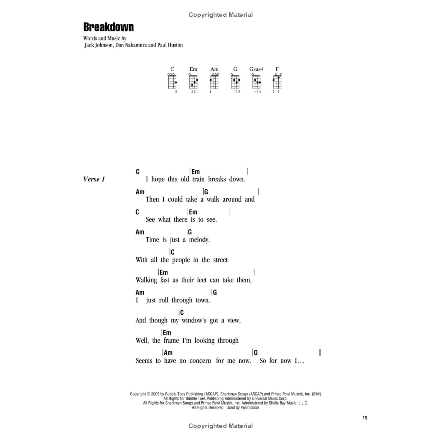 The image shows a sheet music page for "Breakdown" by Jack Johnson, Dan Nakamura, and Paul Huston. It features guitar chord charts for C, Em, Am, G, Gsus4, and F at the top, followed by Verse 1 lyrics with chord symbols above the words. Copyright info from 2005 by Bubble Toes Publishing, Sharkman Songs, and Prince Pawl Musick appears at the bottom.