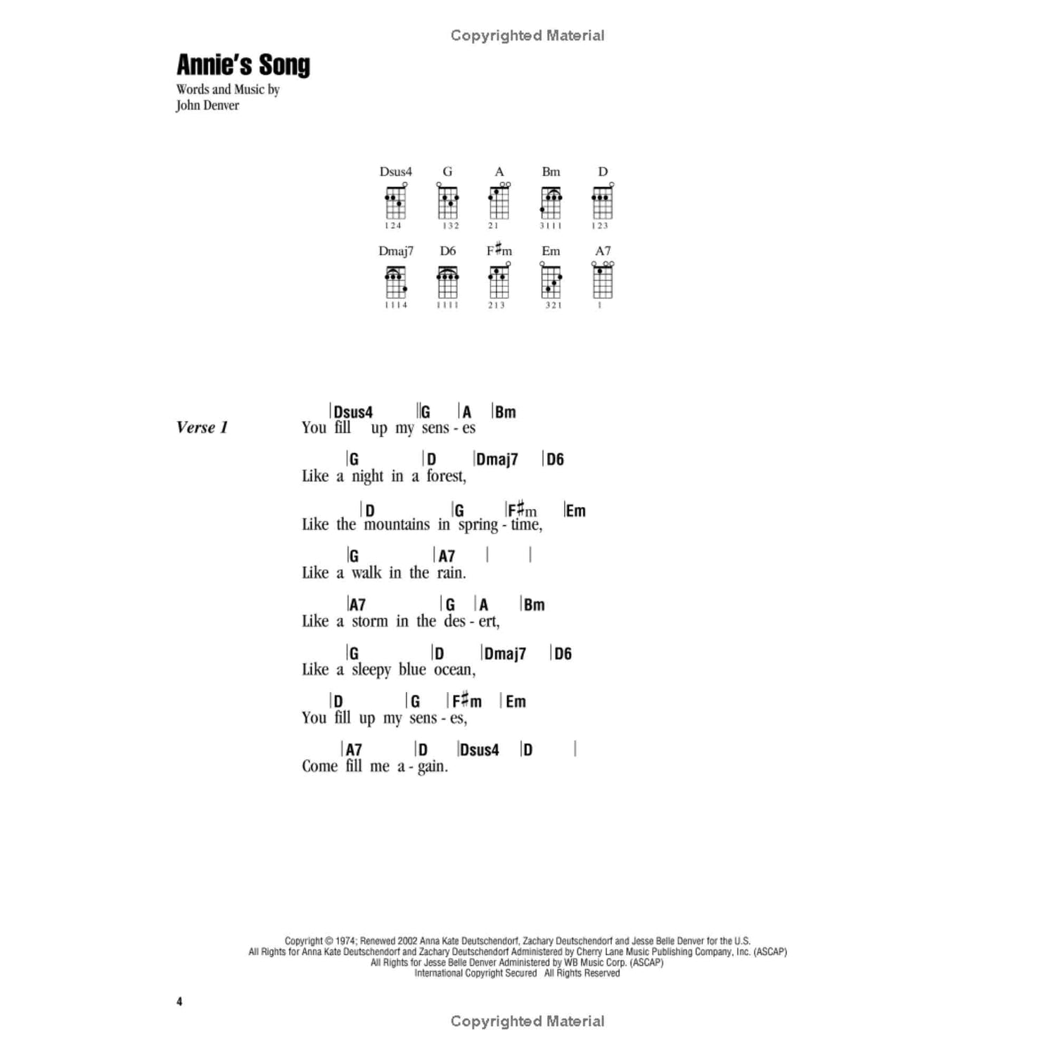The image shows sheet music for "Annie's Song" by John Denver, featuring guitar chord diagrams for Dsus4, G, A, Bm, and others at the top. It includes fret positions and finger placements, lyrics with chord symbols above, starting with "You fill up my senses like a night in a forest…" and copyright info from 1974 at the bottom. This layout helps guitarists play and sing the song easily.