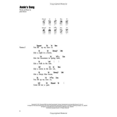 The image shows sheet music for "Annie's Song" by John Denver, featuring guitar chord diagrams for Dsus4, G, A, Bm, and others at the top. It includes fret positions and finger placements, lyrics with chord symbols above, starting with "You fill up my senses like a night in a forest…" and copyright info from 1974 at the bottom. This layout helps guitarists play and sing the song easily.