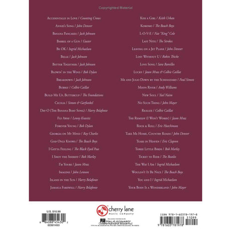 The image shows the back cover of a Cherry Lane Music songbook, distributed by Hal Leonard, featuring a list of popular songs by artists like Bob Dylan, Eric Clapton, Jack Johnson, Ray Charles, The Beatles, and The Beach Boys. Priced at $10.99, it includes ISBN and barcode details. This compilation is designed for musicians, likely containing chords, lyrics, and notation for various instruments.