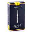 The image shows a box of Vandoren clarinet reeds for B♭ clarinet, containing 10 strength 3 reeds. The box has a dark blue background with white clarinet silhouettes and the Vandoren logo. Vandoren, a respected French brand (noted by "PARIS"), is known for high-quality reeds. These reeds are essential for sound production, with the strength 3 indicating medium stiffness suitable for many players.