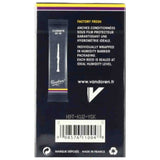 The image shows the back of a Vandoren clarinet reed package for B-flat clarinets. It features the Vandoren logo, website, and key details like "Factory Fresh" individually wrapped reeds sealed at ideal humidity. The packaging is dark with yellow and purple accents, made in France, and includes a product code and barcode. Vandoren is a trusted French brand known for professional-quality woodwind reeds.