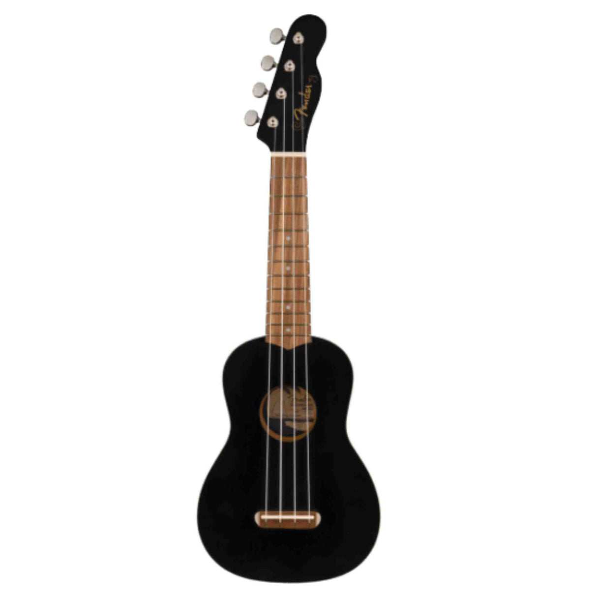 The image shows a black ukulele with a classic small body, natural wood neck and fretboard with markers, four strings, and four tuning pegs on a black headstock featuring "Fender" branding. It has a central sound hole and a bridge at the bottom. The ukulele is likely soprano or concert size, combining a sleek black finish with traditional design.